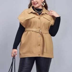Plus Size Tan Belted Overcoat Vest
